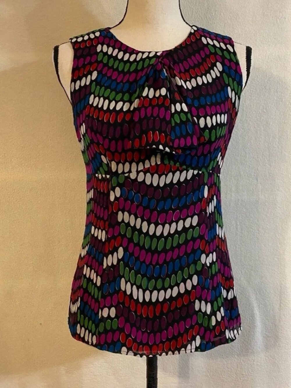 Nanette Leopore black polka dot 100% silk sleeveless bow blouse